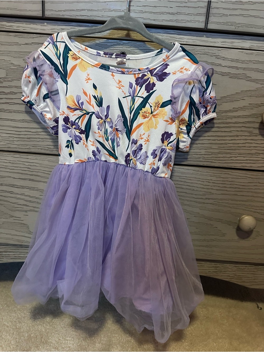 Girls Floral Print Lavender Tulle Dress